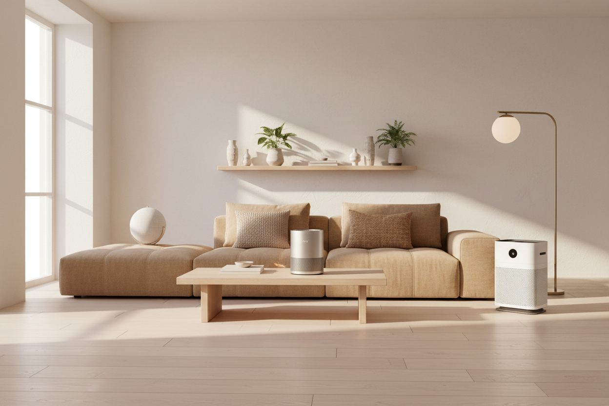 A modern minimalist living room with soft natural lighting, warm beige tones, and clean Scandinavian interior design. 
Place smart home devices naturally around the room such as:
– a compact smart heater on the table  
– a small smart air purifier on the floor  
– a smart speaker on the shelf  
– a smart lamp with warm lighting  
All devices should look premium, simple, and elegant. 
The room must feel cozy, bright, and high-end. 
Perfect aesthetic for a smart home product store homepage.
Ultra-realistic, 8